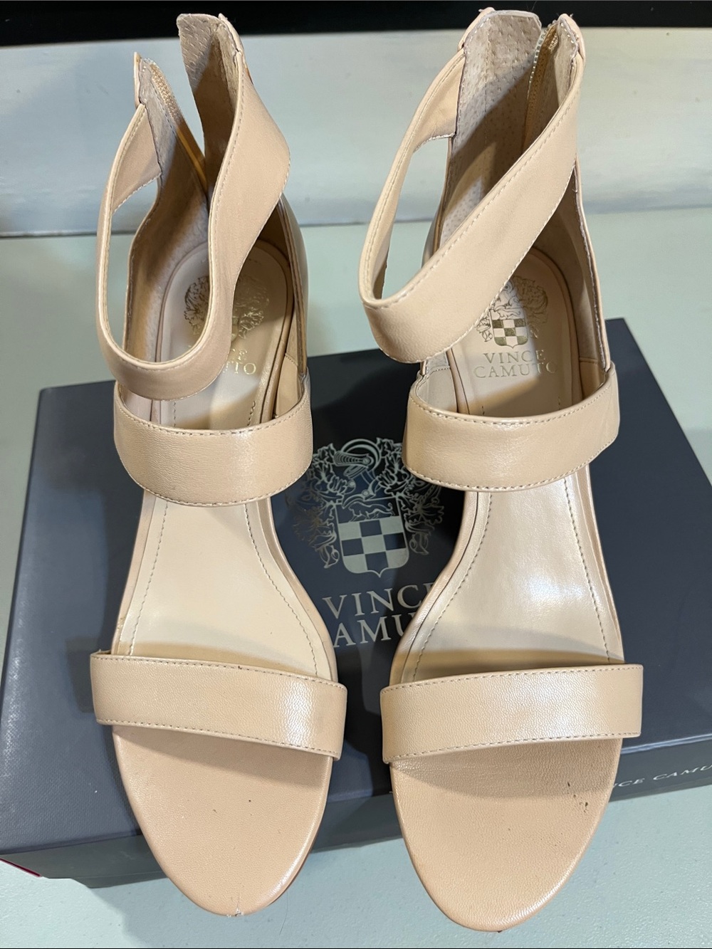 Vince Camuto Nude Leather Strappy Block Heel Sandals